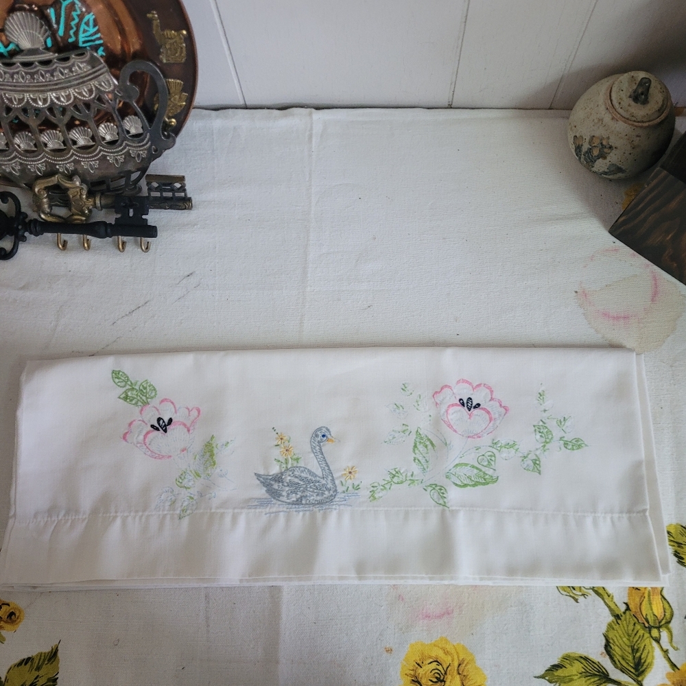 Vintage Embroidered Pillow Case Swan floral AS IS